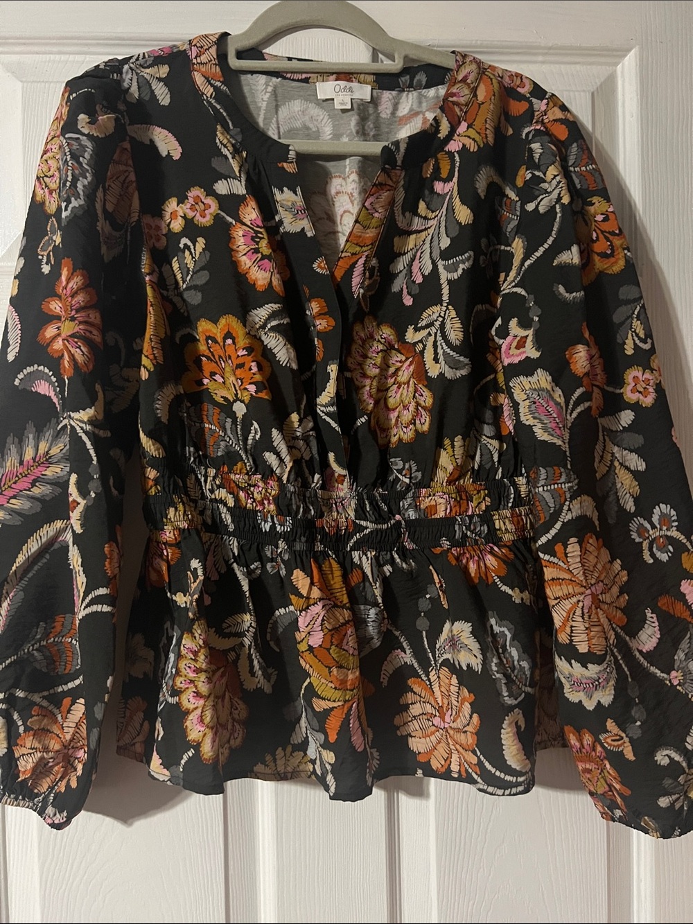 Oddi Black Floral Smocked-Waist Long Sleeve Blouse with Pink & Orange Accents